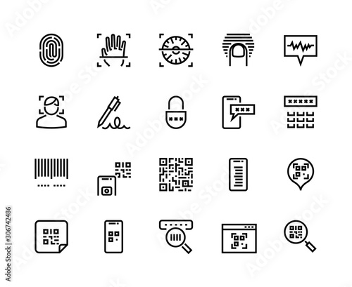 Identification line icons. Biometric sensor, face recognition and fingerprint scanner icons. Vector sign and symbol authentication and access set for different coding systems photo