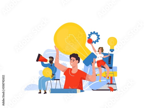 Business idea concept. Cartoon characters at business meeting, brainstorm for new solutions. Vector illustrations template teamwork brainstorming creative ideas how to startup company