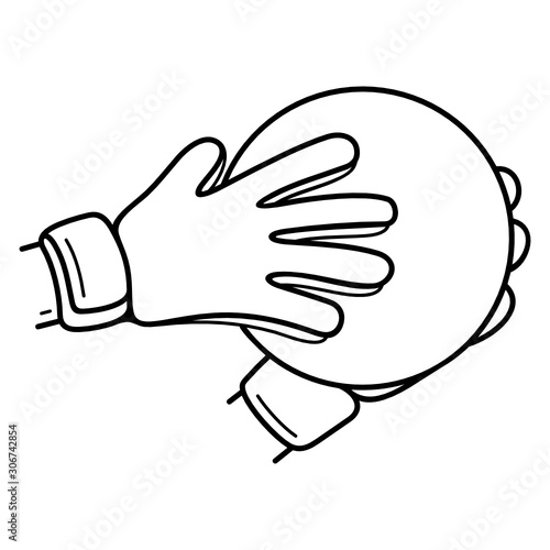 Hands of a goalkeeper holding a soccer ball. Vector outline icon.