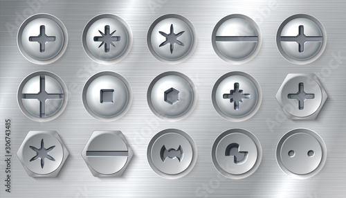 ealistic screws. Realistic attached nails bolts and fasteners on metal background. Vector round stainless silver screw heads view from above with different slots