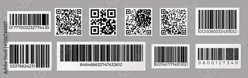 Barcode and QR code. Product price sticker with stripped identification mark for retail, data bar number. Vector inventory tag set or label products with scanner labeled information identity products photo
