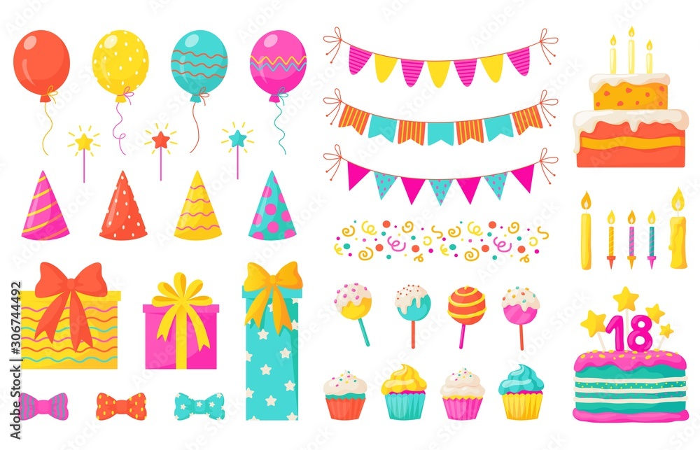Birthday decoration. Kids party design elements, confetti balloons cakes colorful paper ribbons candles. Vector celebration birthday set with flag and balloons for happy baby holiday illustration Birthday decoration. Kids party design elements, confetti balloons cakes colorful paper ribbons candles. Vector celebration birthday set with flag and balloons for happy baby holiday illustration