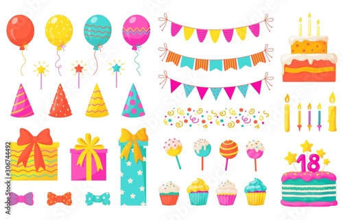 Birthday decoration. Kids party design elements, confetti balloons cakes colorful paper ribbons candles. Vector celebration birthday set with flag and balloons for happy baby holiday illustration photo
