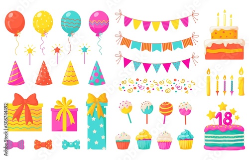 Birthday decoration. Kids party design elements, confetti balloons cakes colorful paper ribbons candles. Vector celebration birthday set with flag and balloons for happy baby holiday illustration