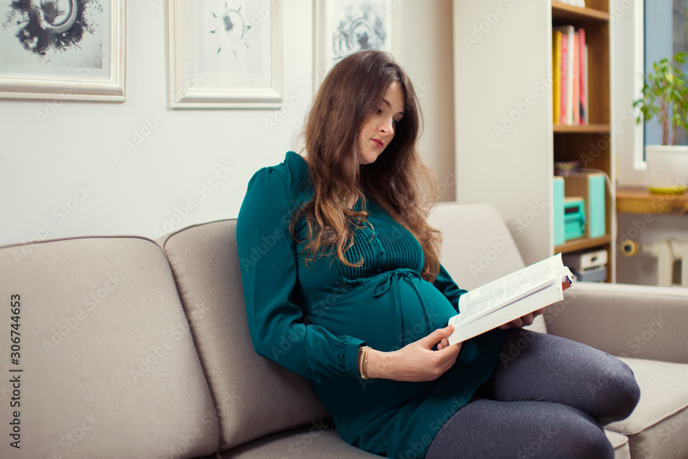 Pregnant woman reading a book. Pregnancy education in a living room. Pregnant on a sofa couch whit a book. Pregnant woman reading a book. Pregnancy education in a living room. Pregnant on a sofa couch whit a book.