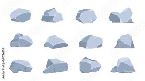 Cartoon rocks. Coal and gray stone, flat isometric 3D boulders and cliff of various shapes. Vector image graphic geometric polygonal concrete gravel set for game illustration photo