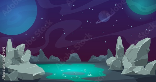 Space background. Game UI cartoon planet landscape, desert with rocks and stones. Vector abstract cartoon alien cosmic backdrop with fluid with bubbles, stars and clouds