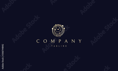 Vector golden logo on which an abstract image of orbits with planets.
