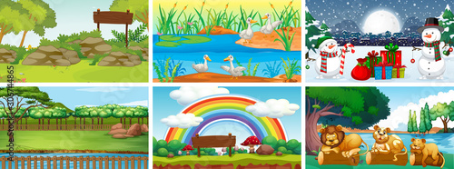 Set of scenes with animals at different seasons