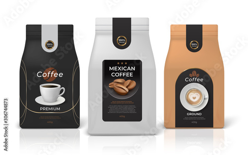 Coffee package mockup. Realistic food pack mockup with brand identity design, black white and brown paper zip packages. Vector set emblem little glossy bag for brand layout retail