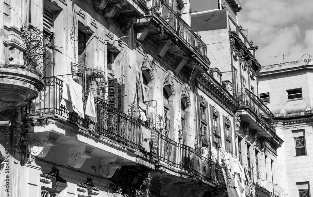typical street scene in Havana, Cuba in black and white typical street scene in Havana, Cuba in black and white