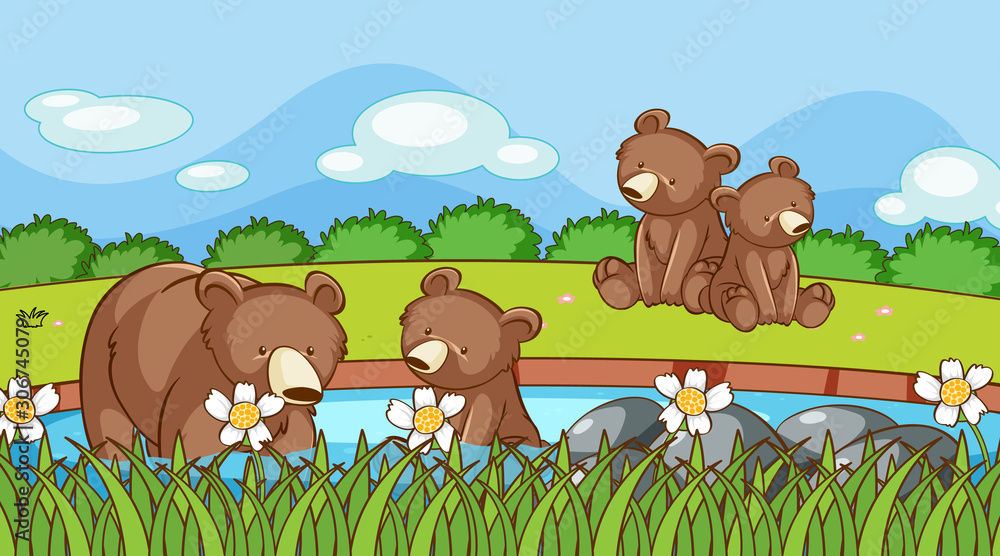 Scene with grizzly bears in garden Scene with grizzly bears in garden