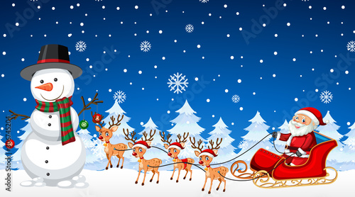 Scene with snowman and Santa on Christmas night