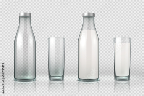 Glass and bottle with milk. Realistic empty, half full and full glass bottle, 3D mockup milk product. Vector set milky beverage in container on transparent background