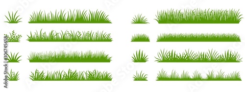 Green grass silhouette. Cartoon lines of plants and shrubs for boarding and framing, eco and organic logo element. Vector set spring field planting shapes lawn or borders garden on white background
