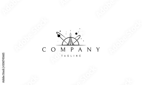 Vector logo on which an abstract image of a soaring rocket against the background of stars and planets.
