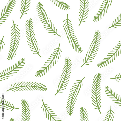 Cartoon fir branch seamless pattern isolated on white.