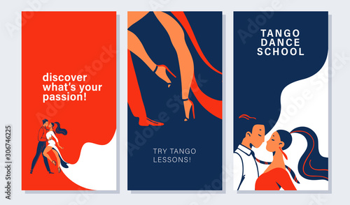 Collection of banners and cards with tango dancers pair in flat minimalistic style. Advertising for dance studio, tango lessons, workshop. Vector illustration.
