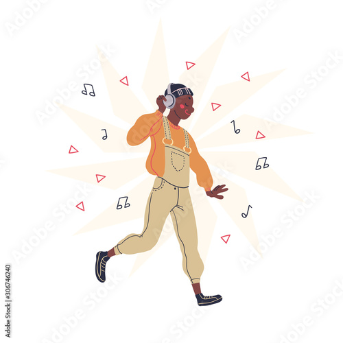 Young teenager listening to music in his headphones dancing isolated on white background. African ethnicity street dancer. Vector illustration.