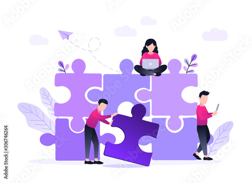 Finding solution, problem solving. Teamwork and partnership. Working team collaboration, enterprise cooperation, colleagues mutual assistance concept. Website homepage header landing web page template