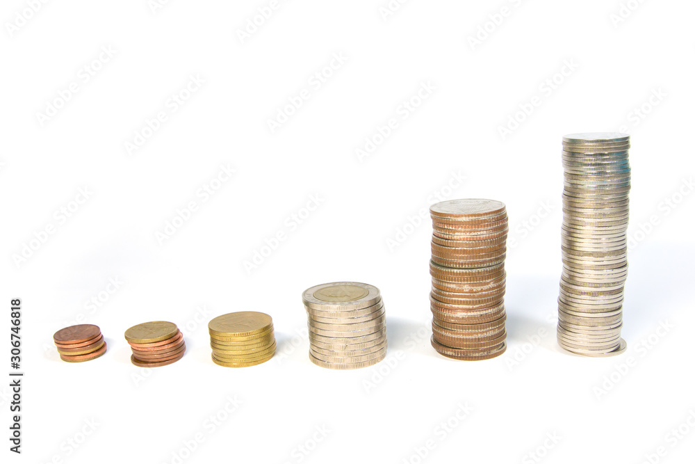 Stack of Thai Bath coins on white background Stack of Thai Bath coins on white background