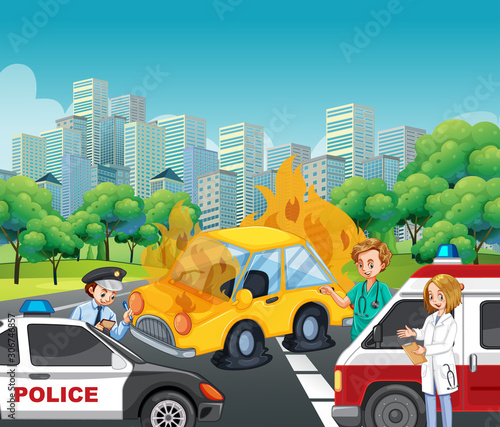 Accident scene with policeman and ambulance on the road