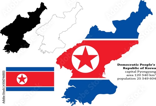  Democratic People's Republic of Korea, North Korea vector map, flag, borders, mask , capital, area and population infographic