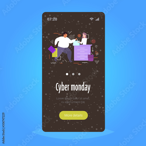 fat man with shopping bags buying clothes at cash desk with female cashier cyber monday big sale concept smartphone screen online mobile app special offer discount full length vector illustration