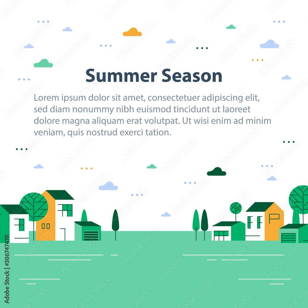 Φωτογραφία Summer season in small town, tiny village view, row of residential houses, beaut