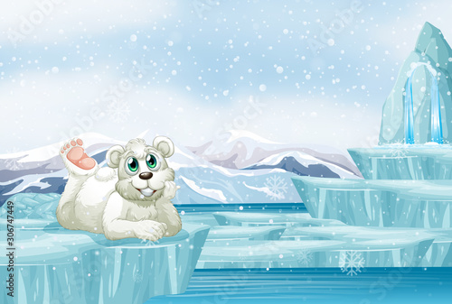 Scene with cute polar bear on ice