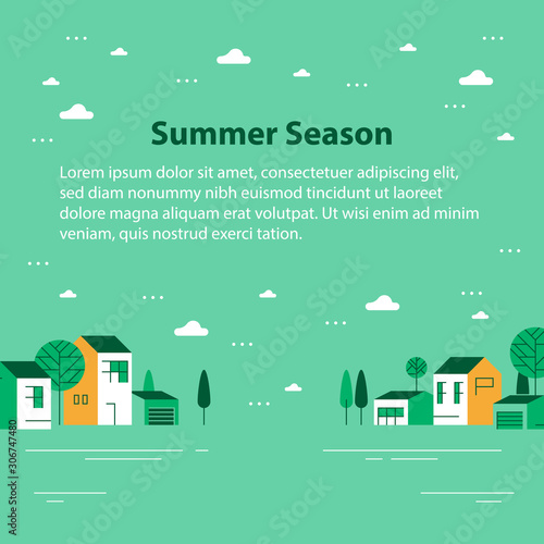 Summer season in small town, tiny village view, row of residential houses, beautiful green neighborhood