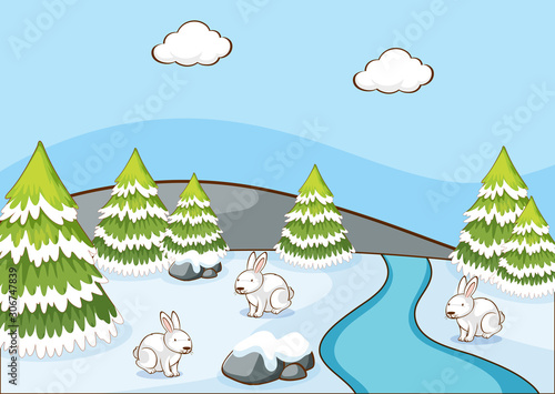 Scene with rabbits in winter