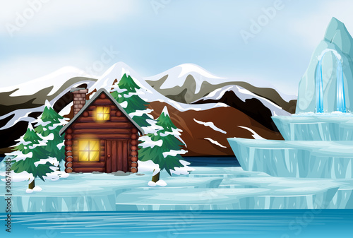 Scene with wooden cottage on ice
