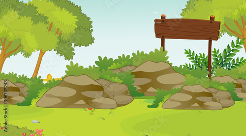 Background scene with wooden sign in the park