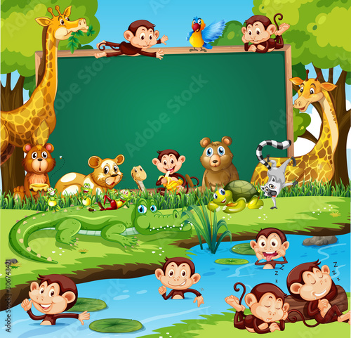 Border template design with cute animals in forest