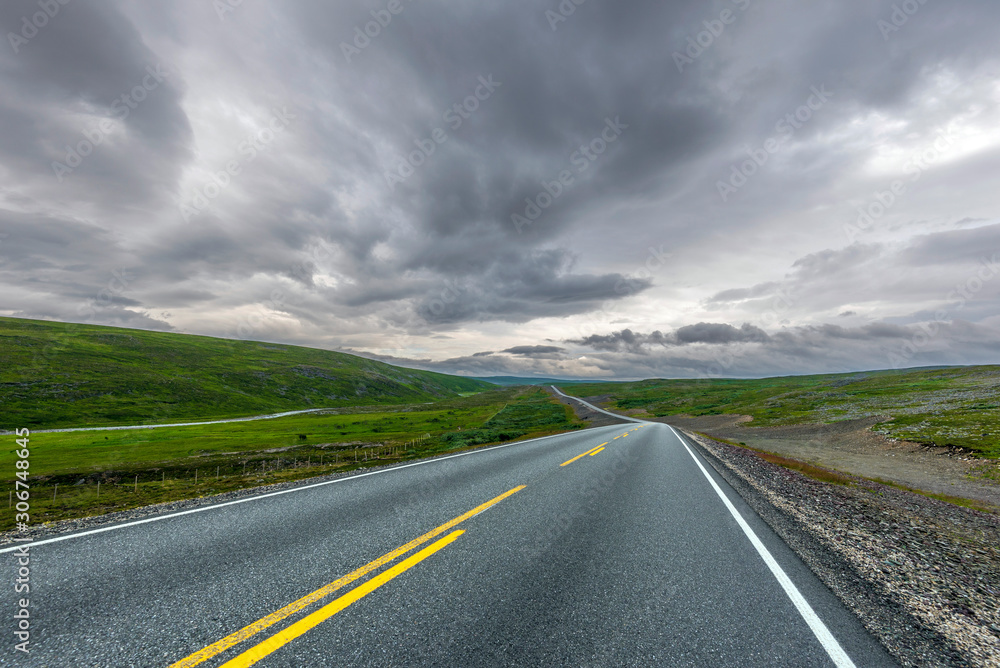 Fototapeta premium Tanafjordveien road crossing desert areas in south of Langfjorddalen natural reserve in Norwegian Finnmark, connecting Ifjord and Tana communes.