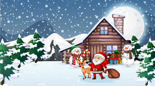 Christmas scene with santa and snowman