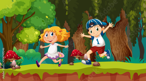 Fototapeta Naklejka Na Ścianę i Meble -  Kids running in woods scene