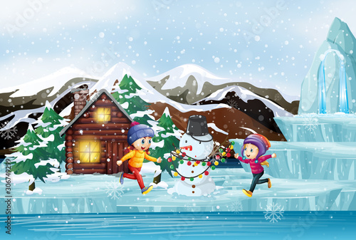 Scene with snowman and children