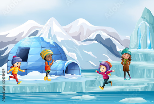 Scene with many kids playing on ice
