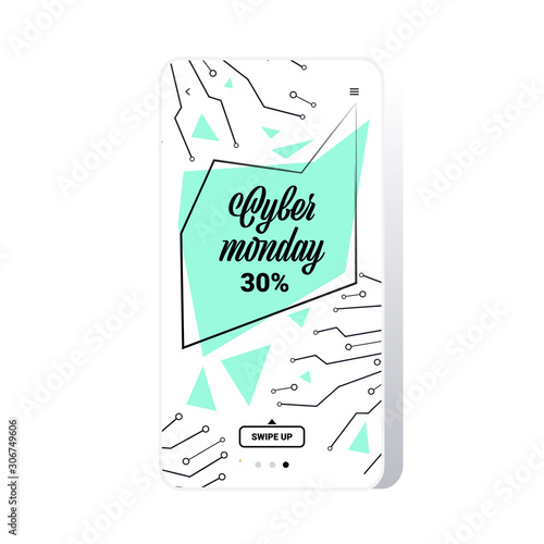 big sale cyber monday circuit board sticker special offer promo marketing holiday shopping concept smartphone screen online mobile app advertising campaign banner vector illustration