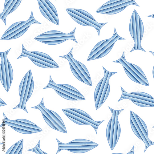 Seamless pattern with hand drawn geometric fishes.