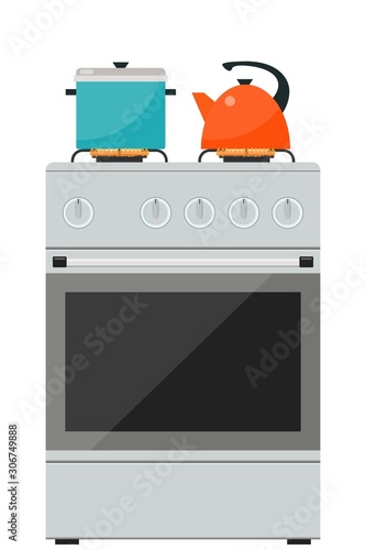 Modern gas stove, pot and kettle on it on flame. Home kitchen stove. Preparing food, cooking. Vector illustration in flat style.