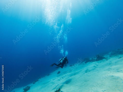 scuba diver swimming under water. summer concept