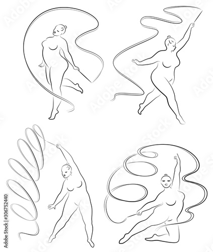 Collection. Gymnastics. Silhouette of a girl with a ribbon. The woman is overweight, a large body. The girl is full figured. Vector illustration set.