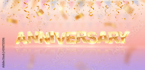 Golden anniversary word 3d vector illustration. Birthday celebration banner template. Soft light background with confetti falling down.
