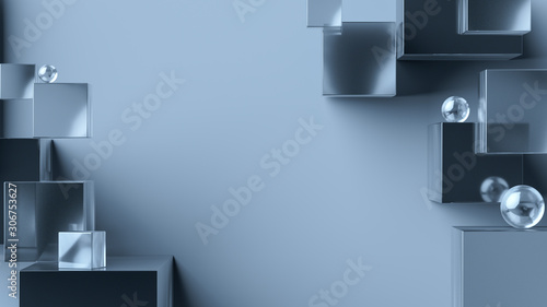 Abstract geometric background with copy space. Overlapping metallic and glass 3d cubes and spheres. 3d rendering cubic minimal composition for corporate design template.