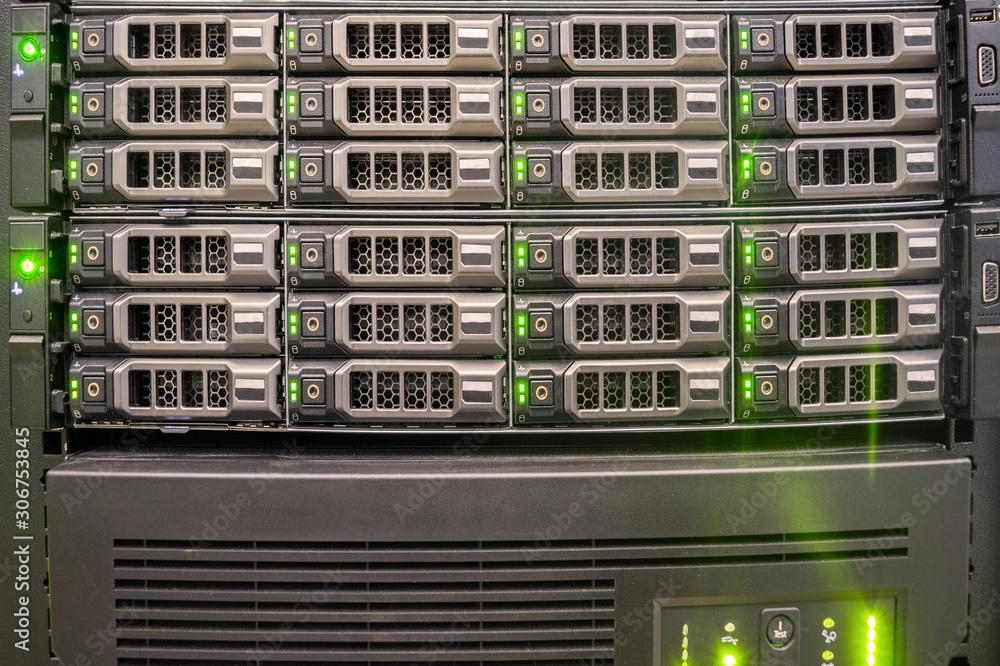 Powerful computer equipment is located on an uninterruptible power supply. Data storage servers operate in a data center. Powerful computer equipment is located on an uninterruptible power supply. Data storage servers operate in a data center.