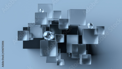 Fototapeta Naklejka Na Ścianę i Meble -  Glass and metal cubes and spheres abstract geometric background. 3d rendering minimal composition