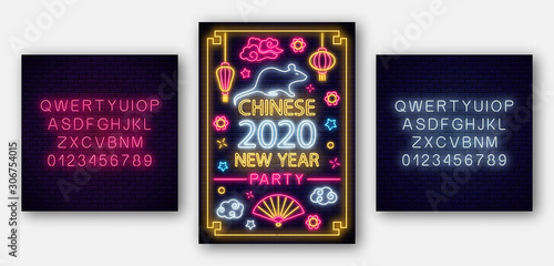 2020 Chinese New year poster in neon style with red and white alphabet. Celebrate invitation of asian lunar new year